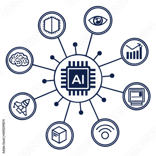 Vector art of artificial intelligence concept showcasing a central processing unit with ai lettering linked to icons representing security, vision, statistics, computer, wifi, cube, rocket, and brain