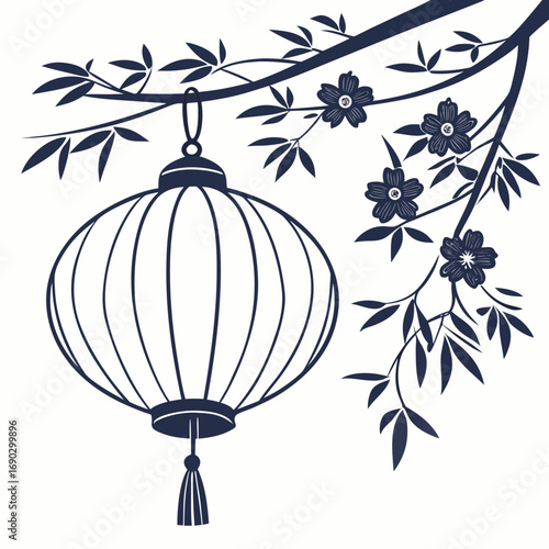 Vector art of traditional chinese lantern hanging from a blossoming branch, a symbol of celebration, hope, and good fortune, casting a warm glow on the night