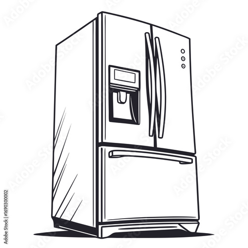 Vector art of a modern refrigerator with a water and ice dispenser, showcasing a sleek design and functionality for a contemporary kitchen appliance