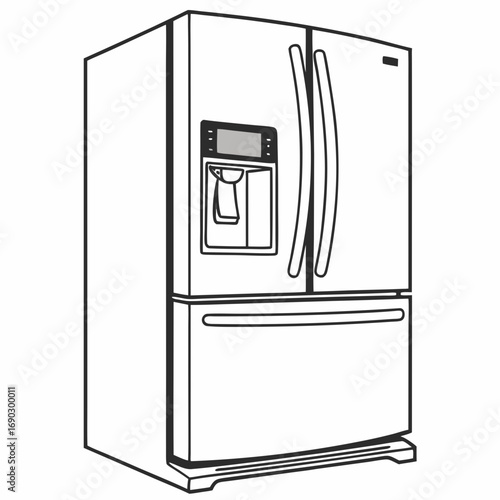Vector art of a modern refrigerator with a water and ice dispenser, showcasing a sleek design and functionality for a contemporary kitchen appliance