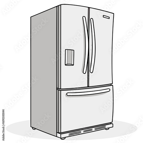 Illustration of a modern refrigerator with a freezer drawer the appliance is white and gray, with black outlines, and has a water and ice dispenser on the door