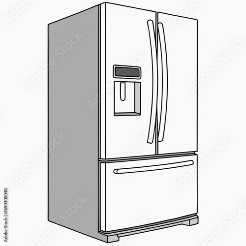 Illustration of a modern refrigerator with a freezer drawer the appliance is white and gray, with black outlines, and has a water and ice dispenser on the door
