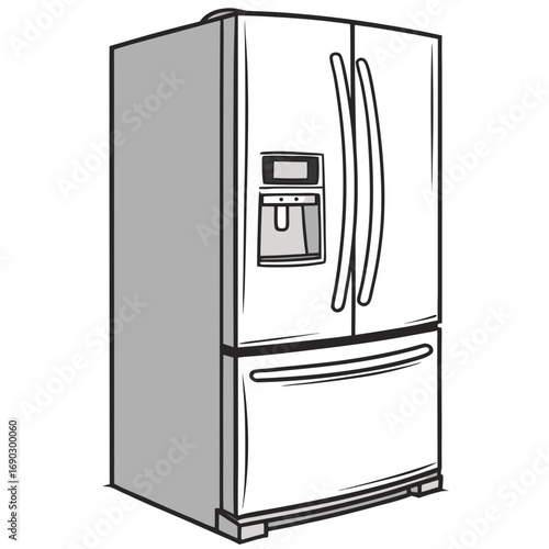 Illustration of a modern refrigerator with a freezer drawer the appliance is white and gray, with black outlines, and has a water and ice dispenser on the door