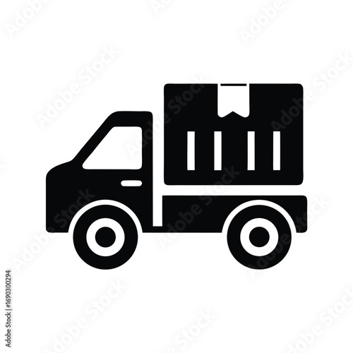 A black truck carries a delivery box, symbolizing transportation and logistics perfectly