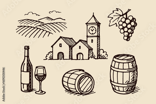 Vineyard landscape wine sketch barrel grape ink vector illustration
