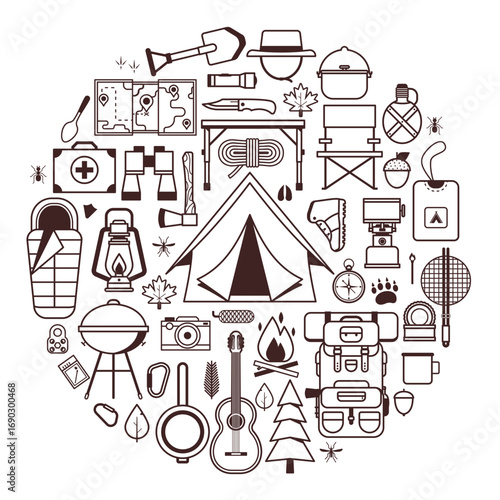 Camping Circle Shape Print with Hike Elements