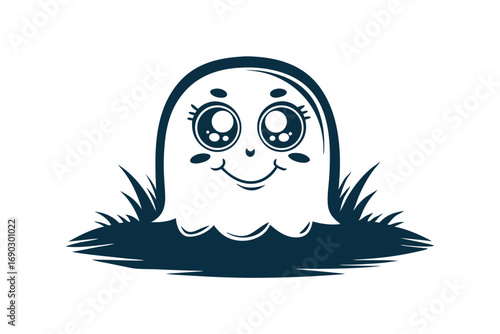 A cute cartoon ghost with big glossy eyes floats with a happy expression