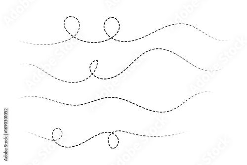 Hand drawn squiggle line. Trip dashed trace destination track path line collection. Long dashed spiral wavy line. Curve dotted line. Border design, traveling symbol, divider element