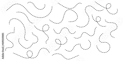 Hand drawn squiggle line. Trip dashed trace destination track path line collection. Long dashed spiral wavy line. Curve dotted line. Border design, traveling symbol, divider element
