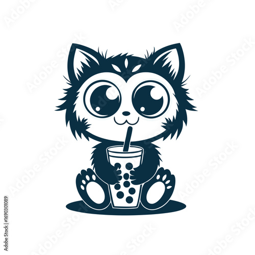A cute cartoon husky drinks boba from a cup with a straw, isolated
