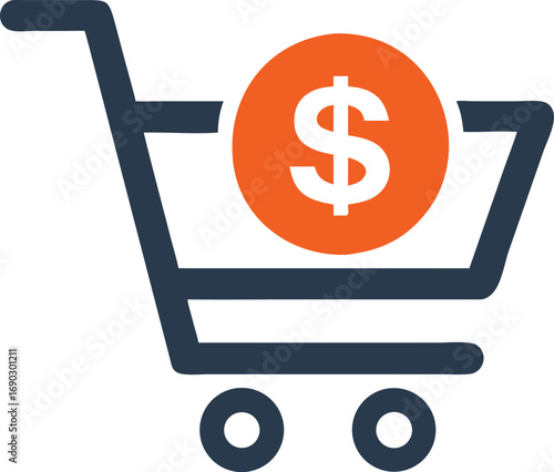 A dark blue shopping cart displays an orange coin adorned with a white dollar sign