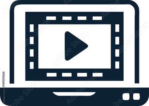 A dark blue laptop shows a video player icon on the screen visibly