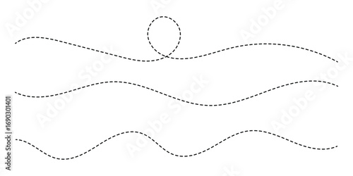 Hand drawn squiggle line. Trip dashed trace destination track path line collection. Long dashed spiral wavy line. Curve dotted line. Border design, traveling symbol, divider element