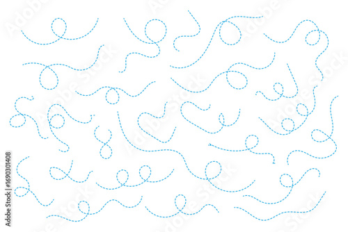 Hand drawn squiggle line. Trip dashed trace destination track path line collection. Long dashed spiral wavy line. Curve dotted line. Border design, traveling symbol, divider element