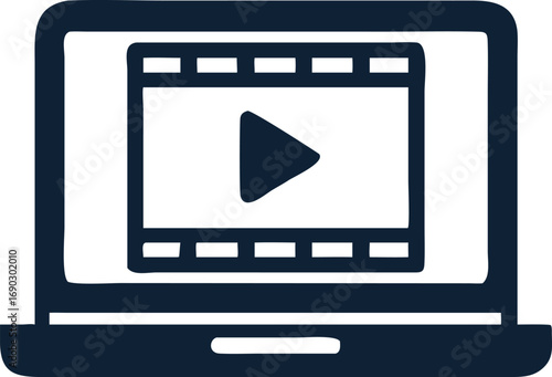 A laptop shows a video playing with a play button and filmstrip at top