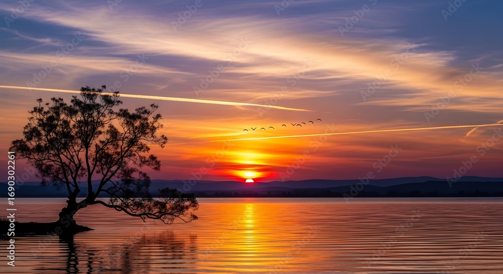 Obraz premium Vibrant Sunset Reflection Over a Calm Lake.
