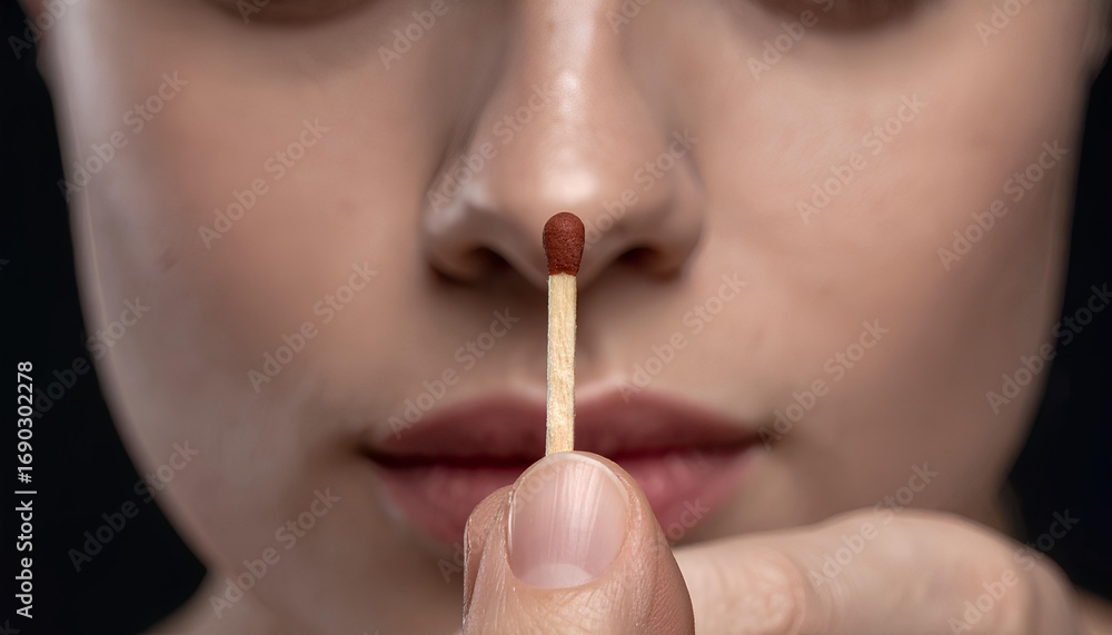 Obraz premium A beautifully lit, high-definition close-up shot capturing a delicate moment of precision as a matchstick is balanced on the nose, showcasing human focus