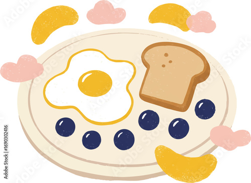 Cute Breakfast Plate Fried Egg Toast Blueberries Vector Illustration