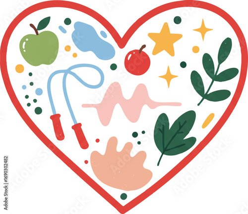 Healthy Lifestyle Wellness Heart Design Fruits Exercise and Nature