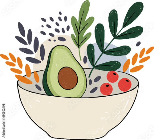 Healthy Avocado Bowl with Organic Elements Hand Drawn Vector Illustration