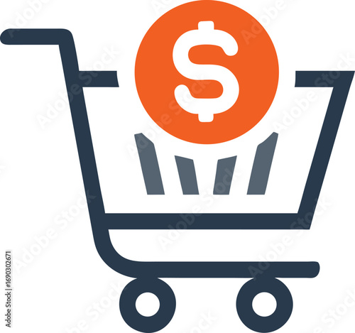 A shopping cart shows a large dollar coin inside its storage area