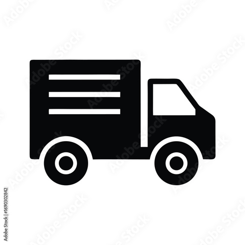 A simple black delivery vehicle with parallel lines on its container is depicted