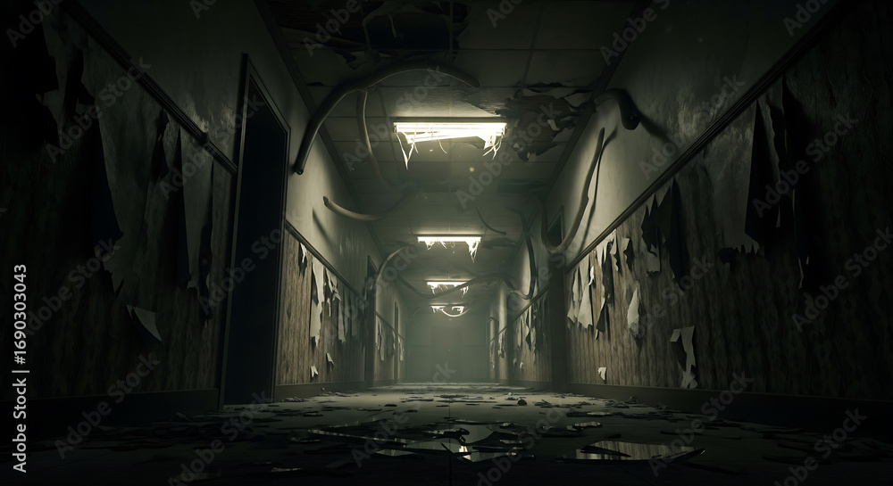 Εκτύπωση καμβά Unsettling abandoned hallway with peeling wallpaper, broken ceiling tiles, and eerie shadows evoking dread and suspense, perfect for horror themes