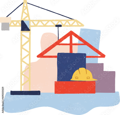 Modern construction site concept with crane building elements hard hat
