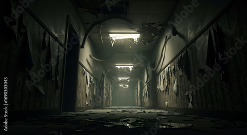 Unsettling abandoned hallway with peeling wallpaper, broken ceiling tiles, and eerie shadows evoking dread and suspense, perfect for horror themes.