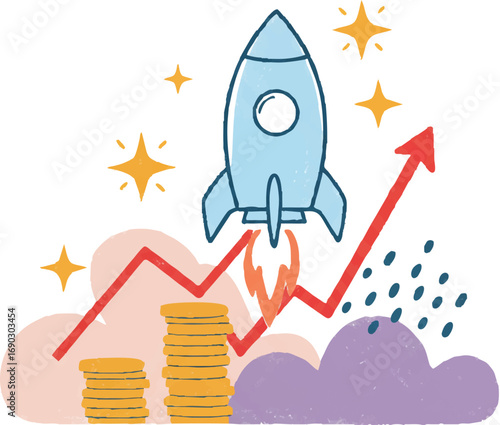 Startup growth success rocket launch with rising money and upward arrow