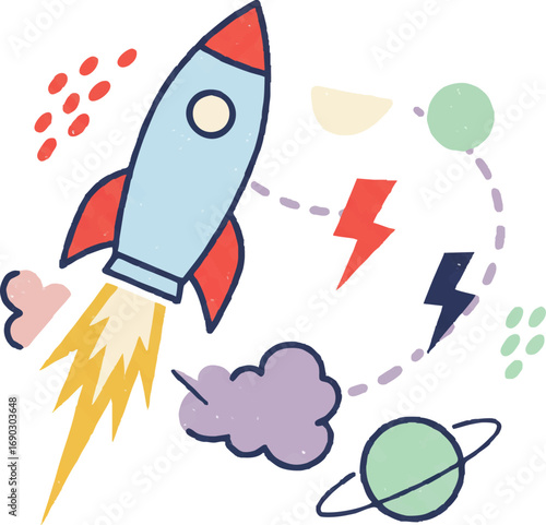 Cute rocket launch into space with planets and lightning bolts