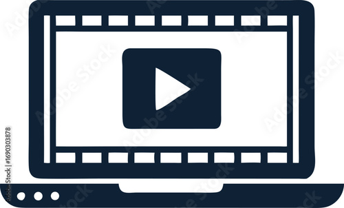 A stylized laptop displays a video playing symbol on screen inside the frame