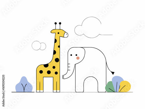 Flat vector illustration of cute jungle animals, minimalist style, clean lines, white background, suitable for Adobe Stock, high resolution”