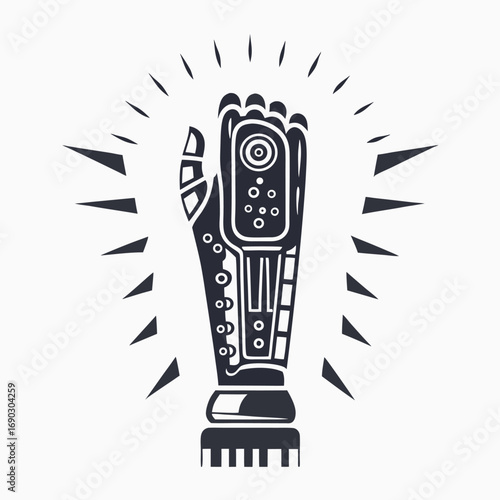 A vintage monochrome robotic arm exhibits its intricate details and shines with symbolic rays