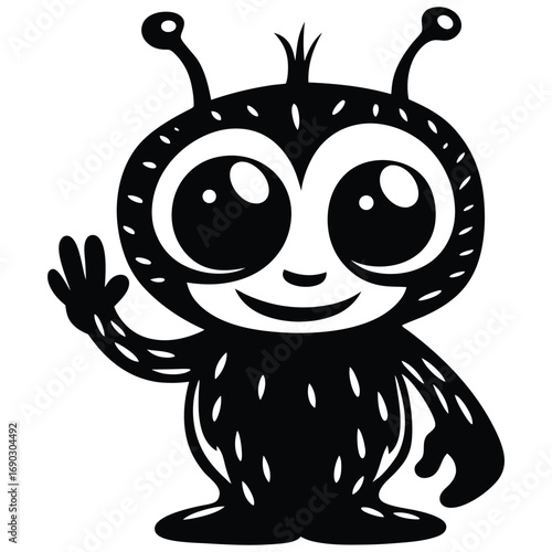 Adorable cartoon alien cheerfully waves hello with a big smile, appearing friendly and inviting