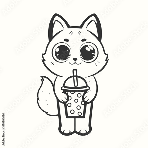 Adorable cartoon cat enjoys boba tea through a straw in black and white
