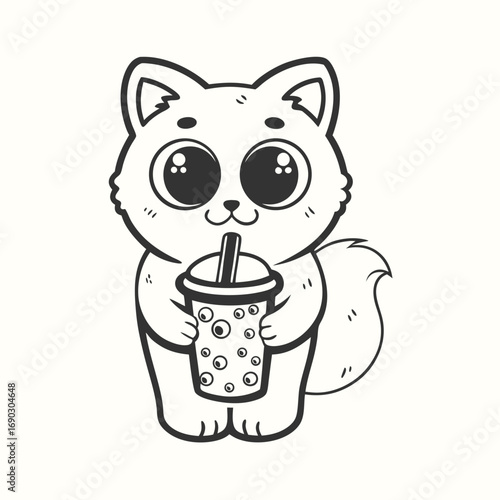 Adorable cartoon cat lovingly cradles and drinks refreshing bubble tea in a sketch