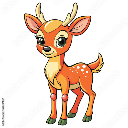 Adorable cartoon deer stands charmingly, showcasing orange fur and cute white spots