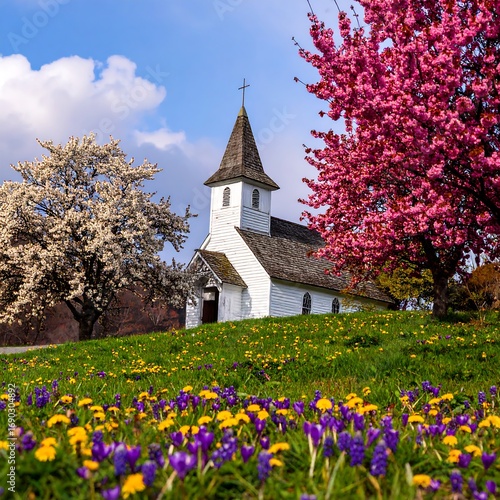 Springtime church in a field of flowers