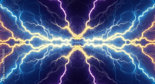 Symmetrical lightning abstract electric discharge energy design with vibrant colors and electrical