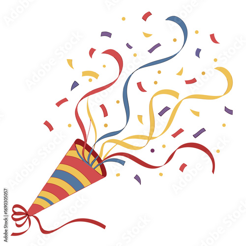 A festive party popper explodes with colorful confetti and streamers against a clean white background