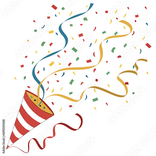 A festive red and white striped party popper explodes with colorful confetti and streamers against a white background