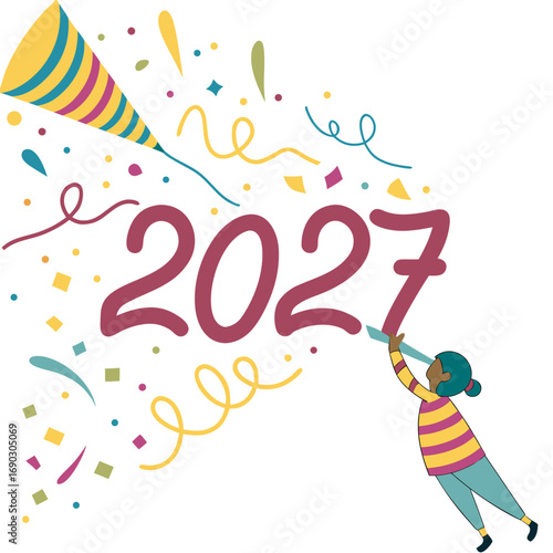 A person blows a party horn creating a burst of confetti and streamers celebrating the arrival of the year 2027