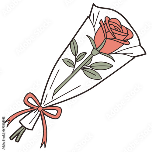 A single coral pink rose with green leaves wrapped in clear cellophane and tied with a coral pink ribbon bow