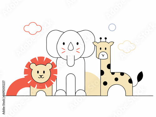 Flat vector illustration of cute jungle animals, minimalist style, clean lines, white background, suitable for Adobe Stock, high resolution”