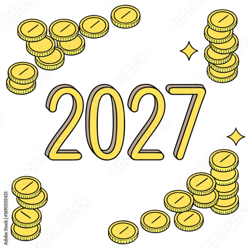 Golden coins and sparkling stars surround the year 2027 symbolizing financial growth and prosperity in the new year