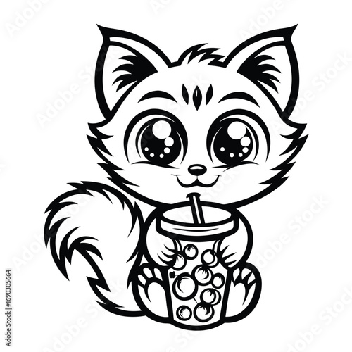 Adorable monochrome cat illustration holds a boba tea cup with a straw and a sweet smile