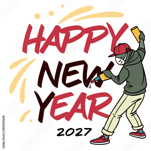 Happy new year 2027 graffiti artist wearing a mask spraying paint creating a festive and urban celebration
