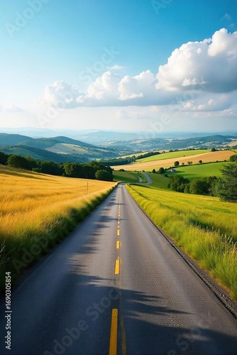 Serene landscape photo of a winding country road disappearing towards a distant horizon over rolling hills and fields Perfect for travel, nature, and rural themes , perspective, blue sky