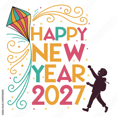 Joyful silhouette of a child flying a colorful kite celebrating the arrival of happy new year 2027